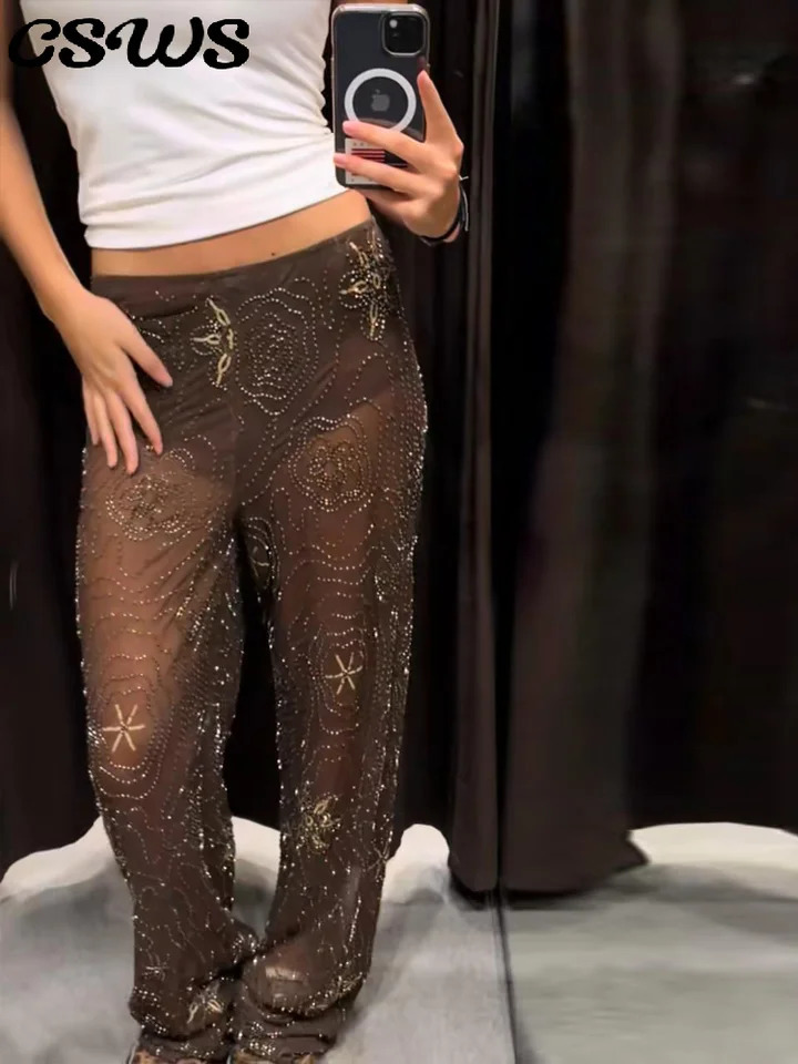 Sexy Beading Brown Women Pants Street See Through Elastic Waist Wide Leg Party Trousers Fashion Lady Loose Shinny Trousers 250710