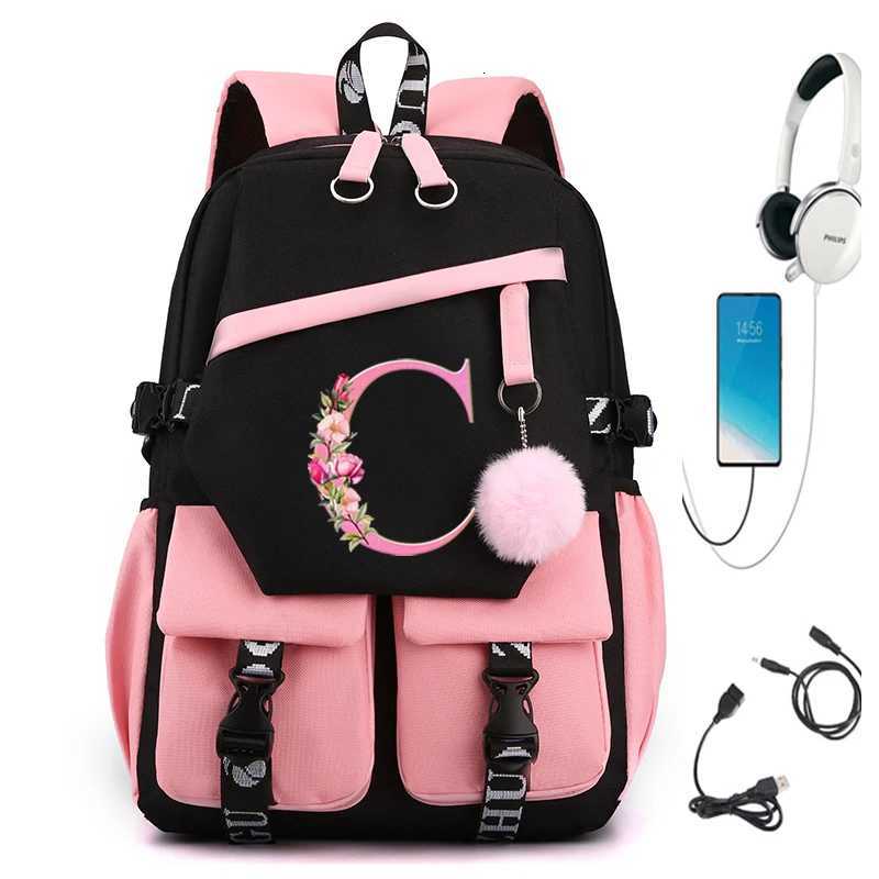 26 Initials Flower School Bags for Teenage Girls Pink Flower Alphabet Cute Gift Students Bookbag Letters A B C D Travel Bagpack S250714