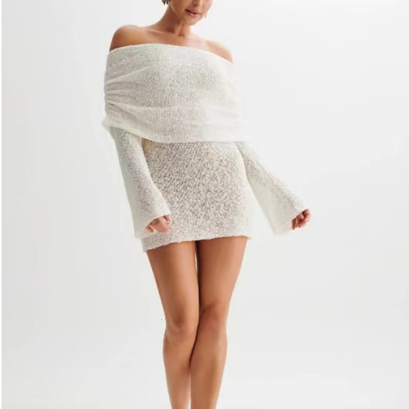 2025 New women's dress new knitted women's beach short skirt sexy perspective long sleeved off shoulder dress new designer dress