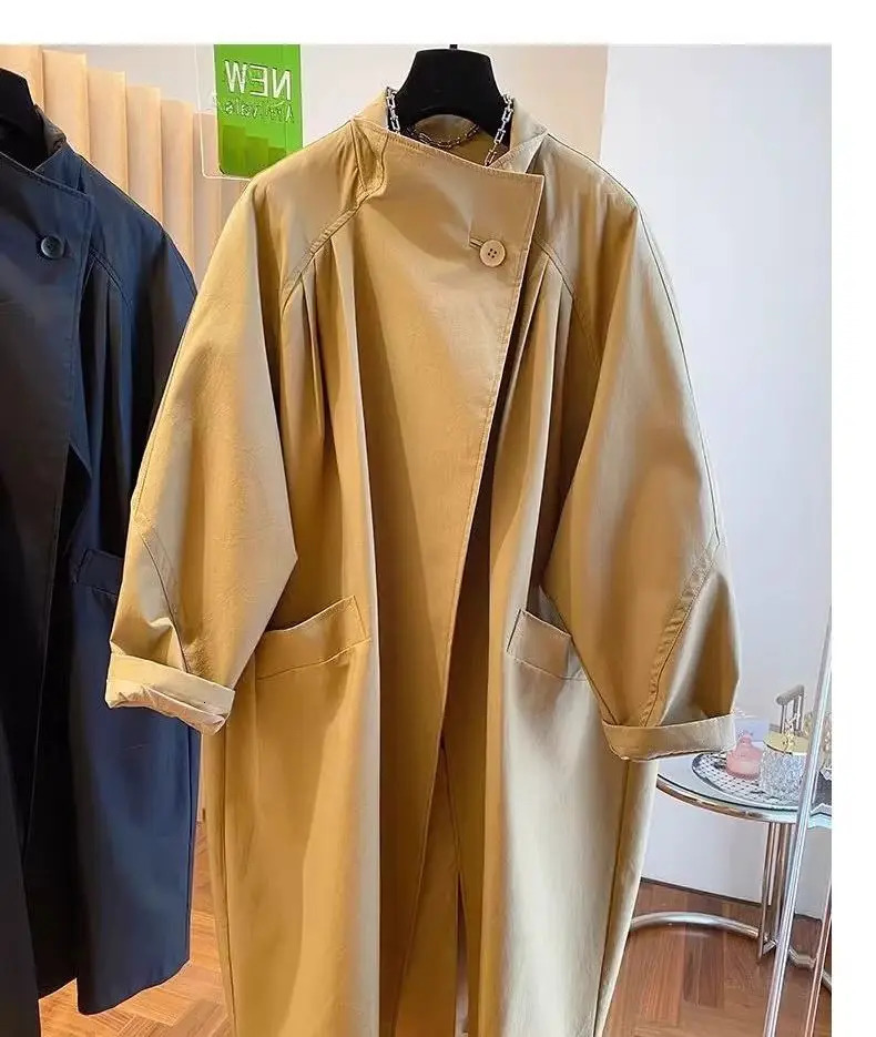 High End Stand Up Collar Outwear 2025 Spring Plus Size Womens Casual Loose Mid Long Windbreaker Lining Jacket Khaki Black Top 250708