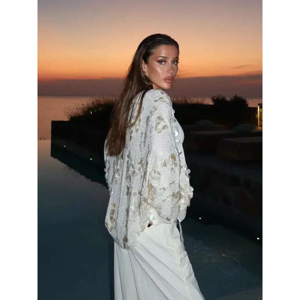 Women Sparkling Beaded Short Loose Jacket Chic Elegant V Neck Long Sleeve Lace Up Cardigan Autumn Female Fashion Streetwear
