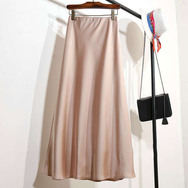High-End Elegant Champagne Color Imitation Acetate Satin A-Line Spring Autumn Women New Style Half Long Skirt B5 h7