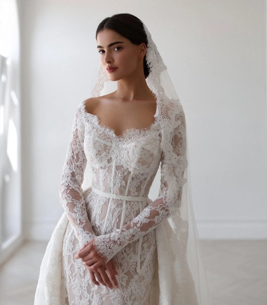 2025 Elegant Mermaid Church Wedding Dress With Detachable Train V Neck Lace Appliques Long Sleeve Bride Bridal Gowns Vestidos De Novia Mariage