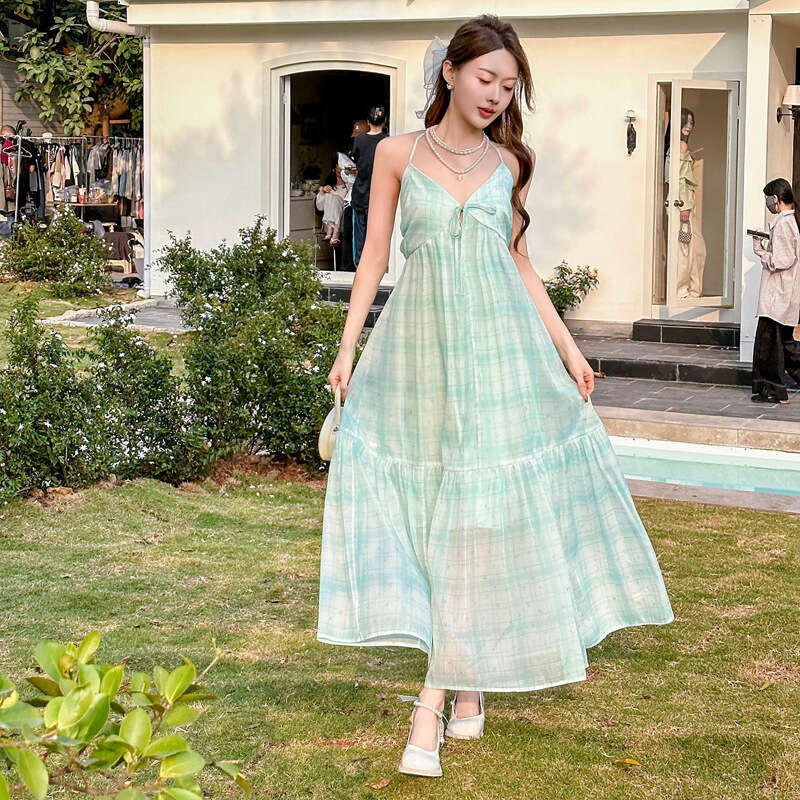 New French Style Halter Neck Strap Super Fairy Summer Vacation Sanya Beach Long Dress B5