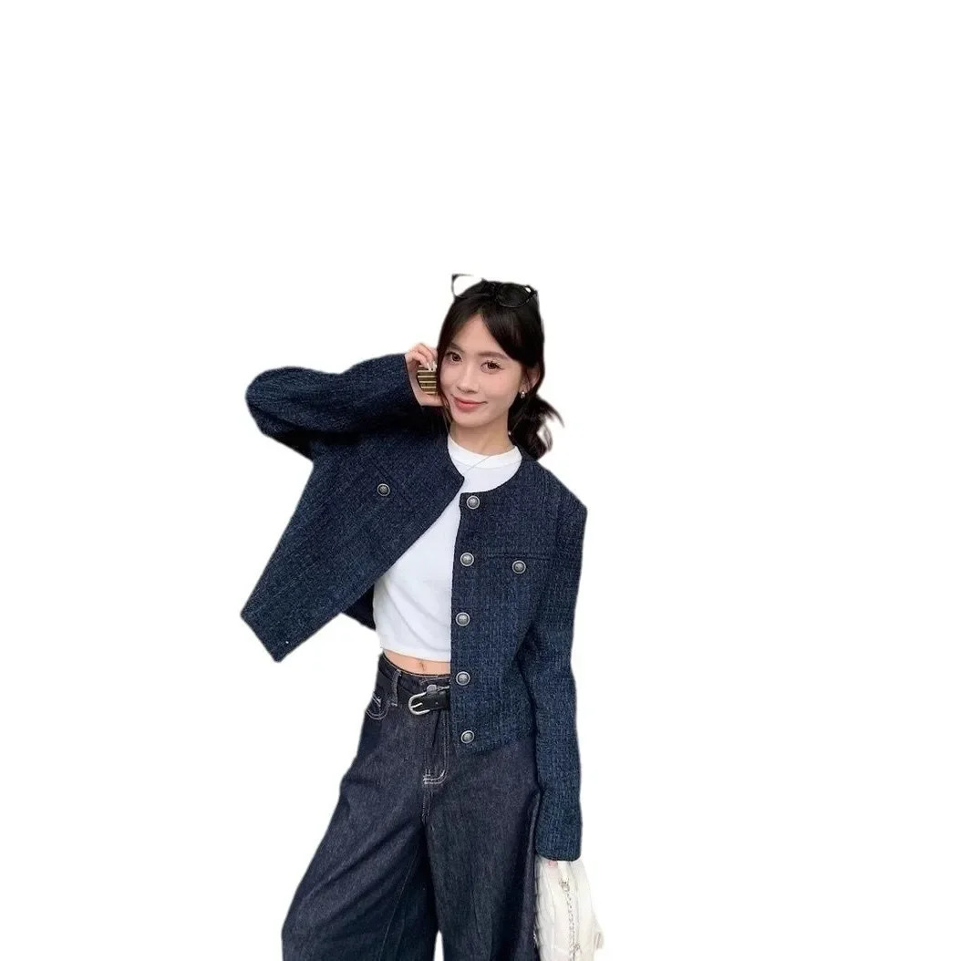 Elegant Vintage Tweed Cropped Jacket Womens Autumn/Winter High-End Slimming Long Sleeve Top Trendy Crew Neck Socialite Style 250708