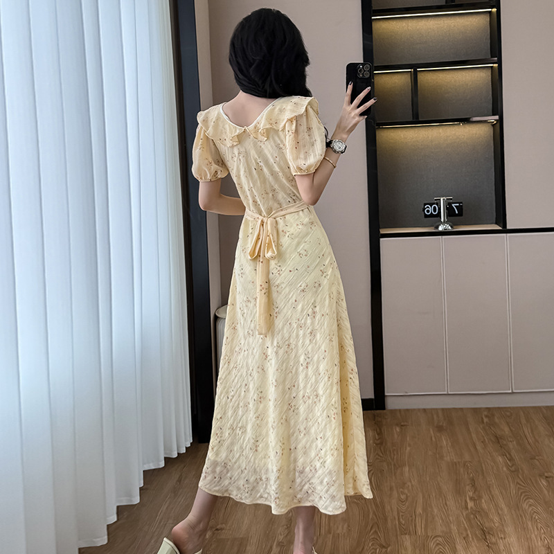 2025 New Women's Dress Summer New Yellow Flower Dress Women's Summer New Ruffle Tie Long Dress New Lace Countryside Style Designer Dress