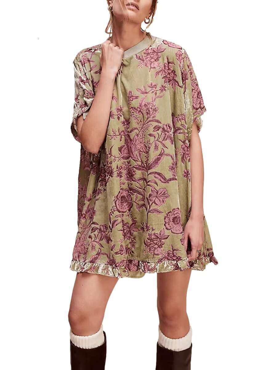 Women Velvet Summer Casual Loose Long Sleeve Crew Neck Flower Mini Lady Female Short Dress dongdumaoyi