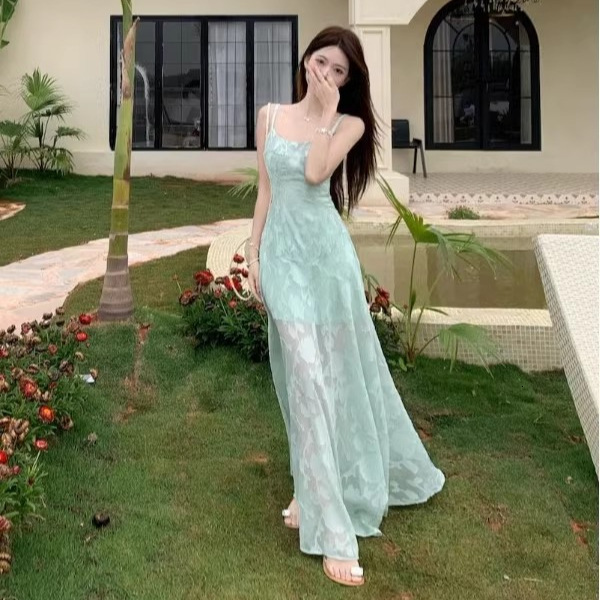 2025 New Women's Dress Summer New French Fresh Sweet Strap Dress Women's Beach Vacation Dress Mid waist Long Dress New Designer Dress