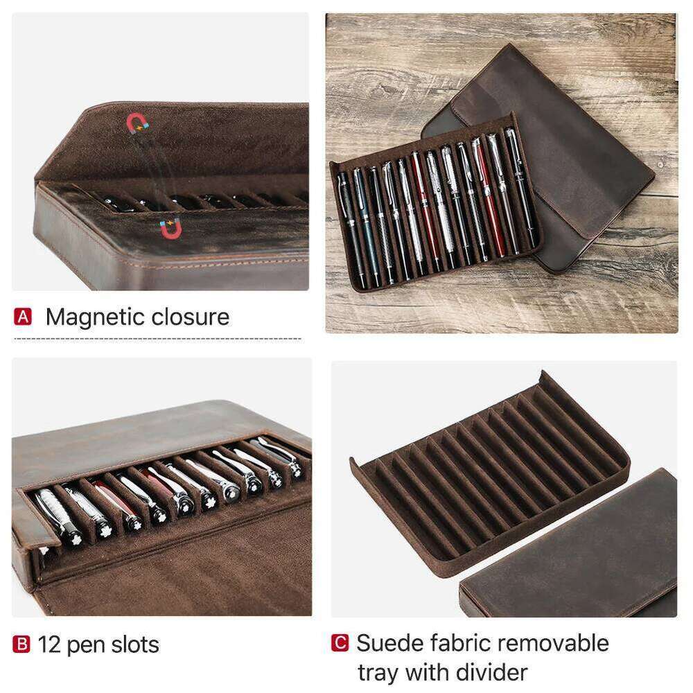 Genuine Leather 12 Slots Fountain Case Box Office School Stationery Storage Pouch Holder with Removable Pen Tray
