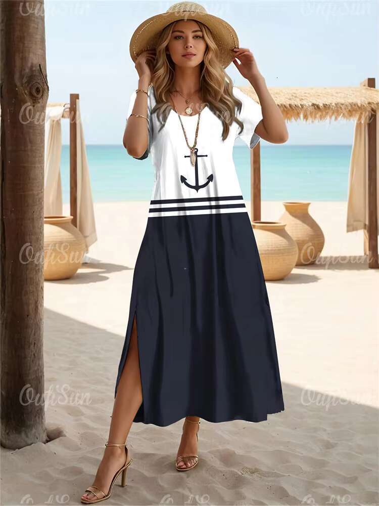 New Vacation Womens Anchor Print Elegant Midi Dresses Female Short Sleeve Dress Fashion Oversized Clothes Summer 2024 dongdumaoyi