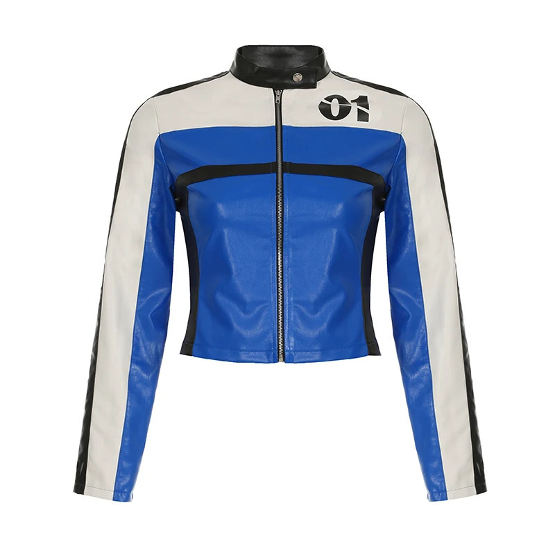 BIIKPIIK Moto biker Contrast Color Jackets Fashion Zipper Women Coats Streetwear Digital Patchwork Short PU Jacket Autumn Winter 250709