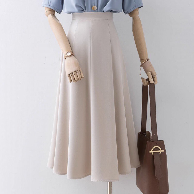 New women's half skirt, Korean style simple high waisted pleated suit skirt, women's four season loose and elegant mid length A-line flared 