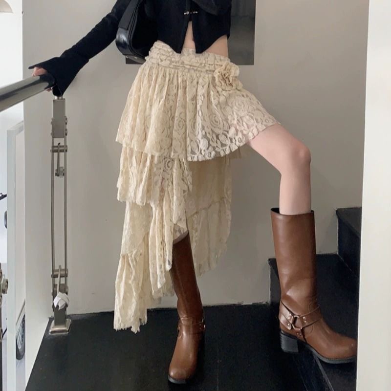 New women's skirt new spicy girl irregular lace half skirt women's high waist slim fit A-line cake skirt new designer dress new women's