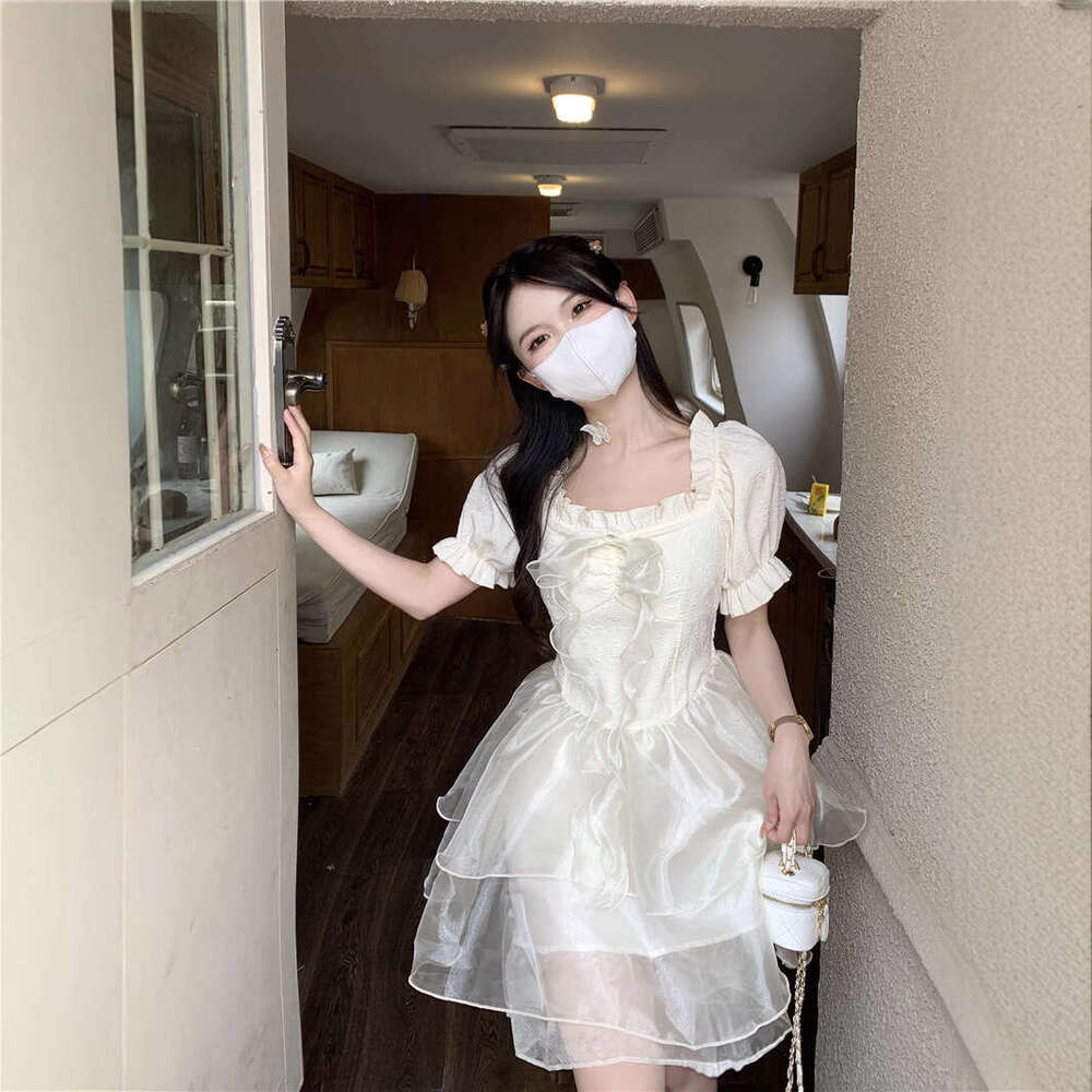Sweet Fairy Princess Style Ruffled Square Neck For Women Summer New Short Sleeve Waist-Cinching Puffy Cake Dress B5