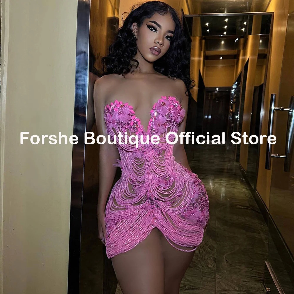 Pink Short Prom Dress for Girls 2025 Tassel Beading Birthday Dresses Mini Cocktail Party Outfits Customized 250709