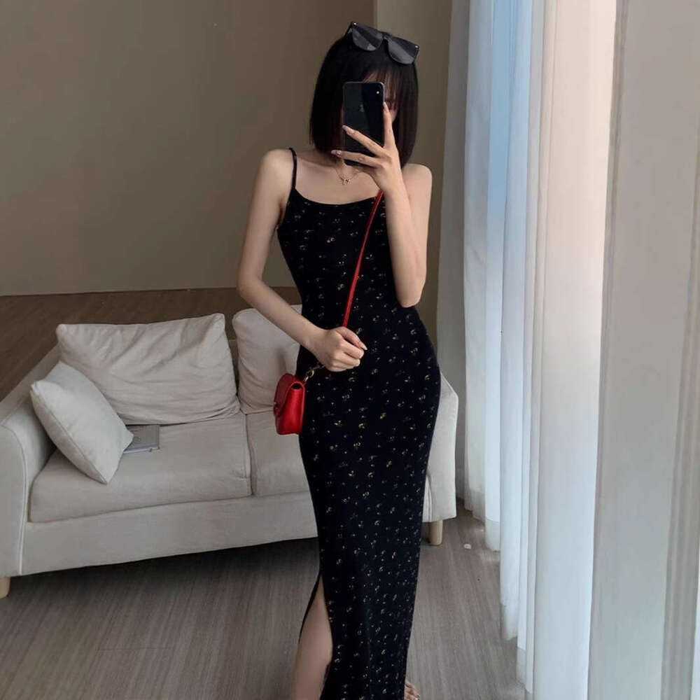 Black Floral Strap For Women Summer French Sweet Spicy Sexy Ruched Slit Bodycon Inner Long Dress B5