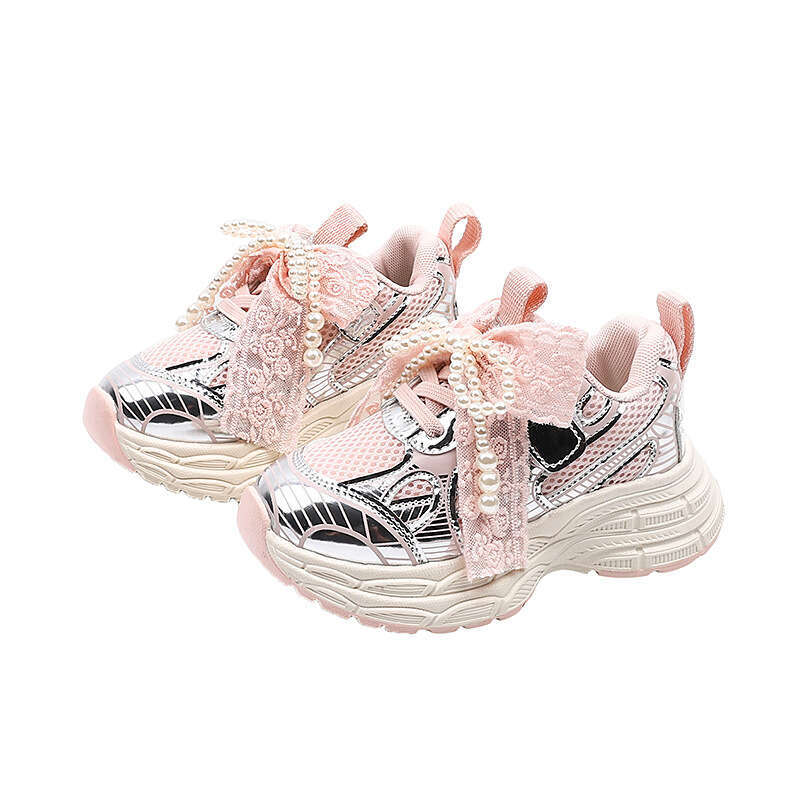 Girls' Fashion Lightweight Lace Bow Princess Sneakers 2025 Spring Autumn New Korean Style Children's Dad Shoes