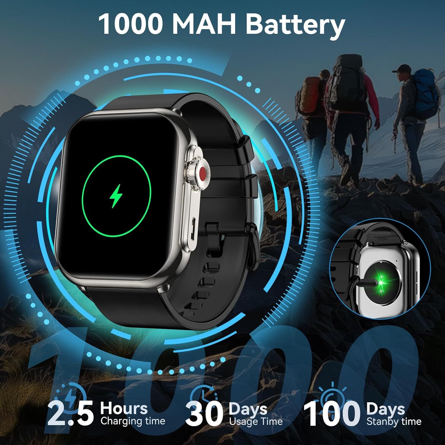 Men and Women Smart Watch, 1000 mAh 100-Day Battery Life, 1.8inch Tracker Bluetooth Call/Dial, 110+ Sports Modes, IP68 Waterproof, Heart Rate, 24/7 Sl