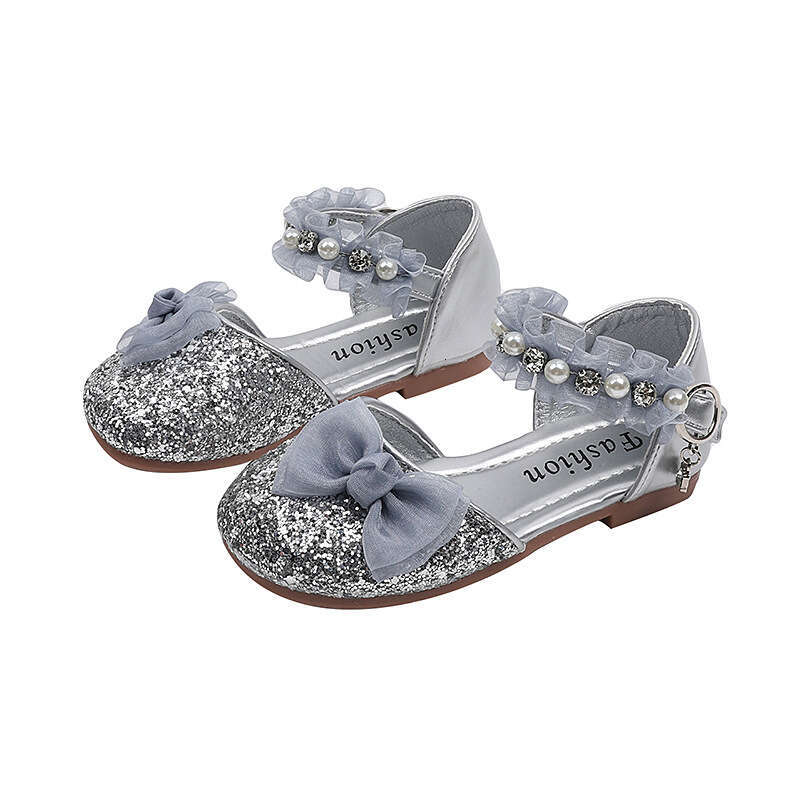 SHEIN Crystal Sequin 2025 Summer New Girls' Pearl Bow Princess Sandals Children's Shoes