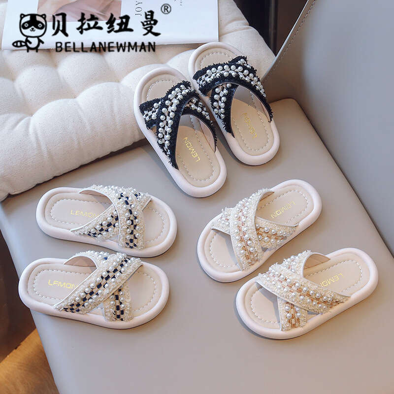 Choice Hot-Selling Children's Fashion 2025 Summer New Girls' Cross Pearl Flat Slippers