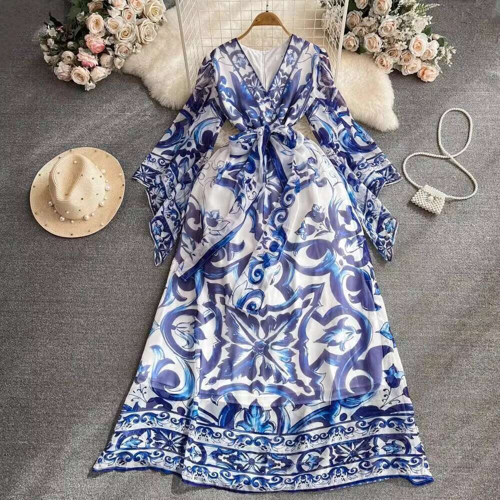 Summer Autumn Golden White Porcelain Flower Print Lantern Long Sleeve Maxi Dress For Women Muslim Style Prom Evening Dresses dongdumaoyi