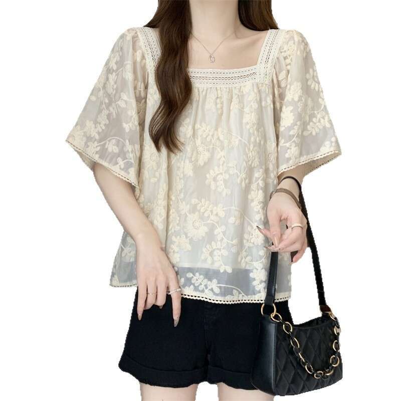 Plus Size French Style Mesh Lace Short Sleeve T-Shirt For Women Summer New High-End Fashionable Versatile Sweet Top B5