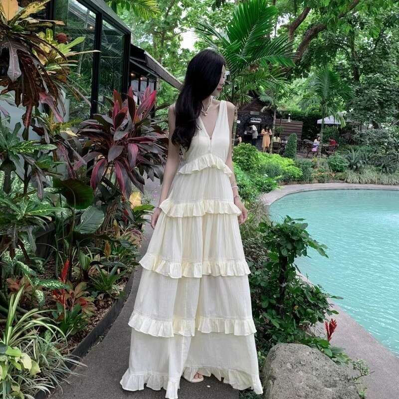 Strap For Women Spring Summer New Elegant Apricot High Waist Petite Sleeveless High-End Cake Long Dress B5