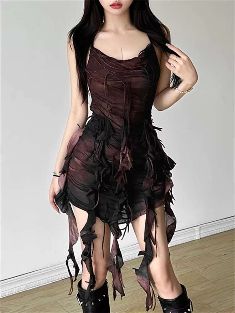 Nibber Halter Tie Dye Dress Stunning Women Hipster Tassel Ruched Backless Bandage Vestidos Female Y2K Summer Party Street Robe dongdumaoyi