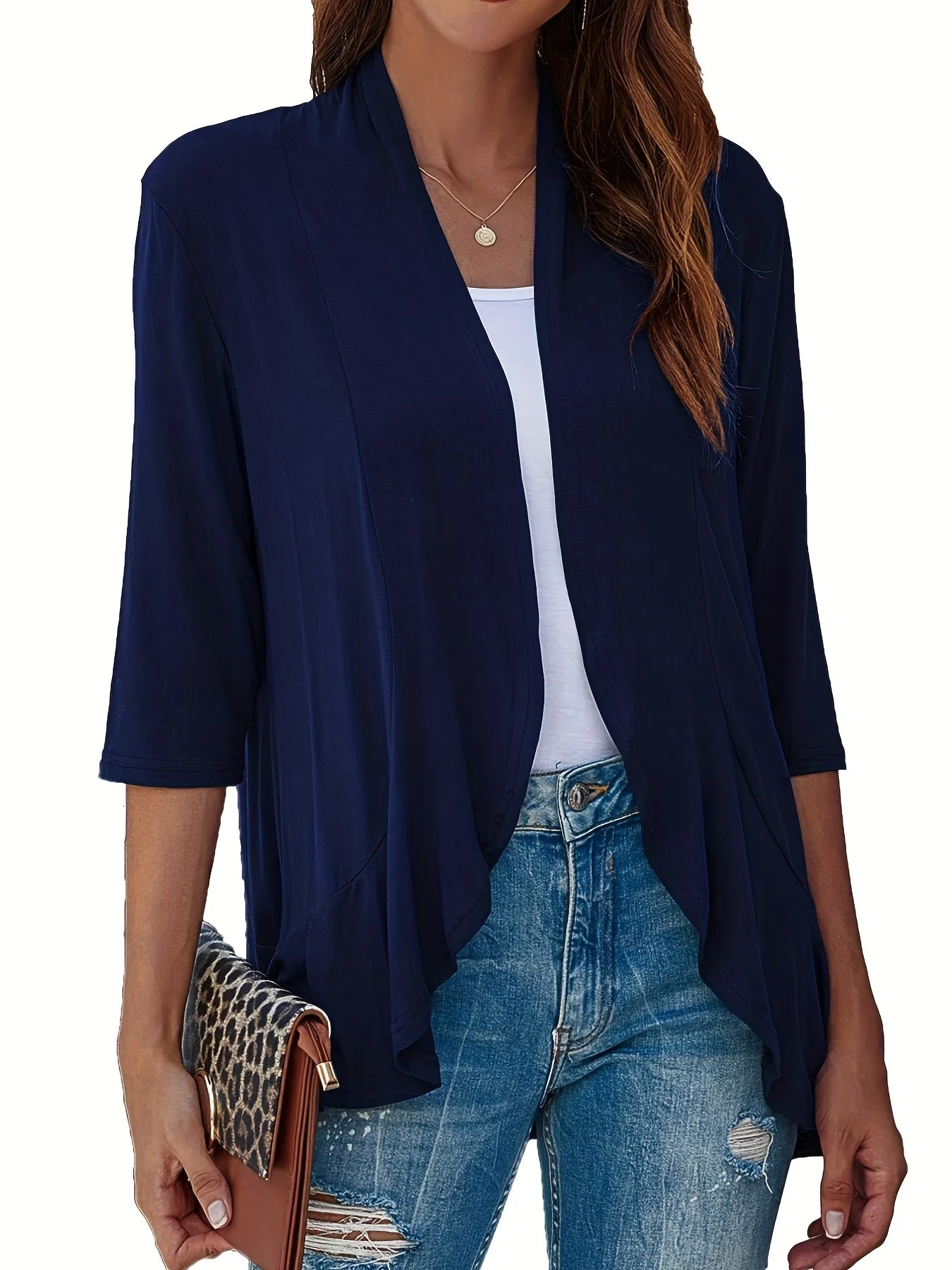 Plus Size V-neck Loose Pleated Cardigans Casual Frill Solid 3/4 Sleeve Spring Summer Fall Cardigan Plus Size Womens Clothing 250710