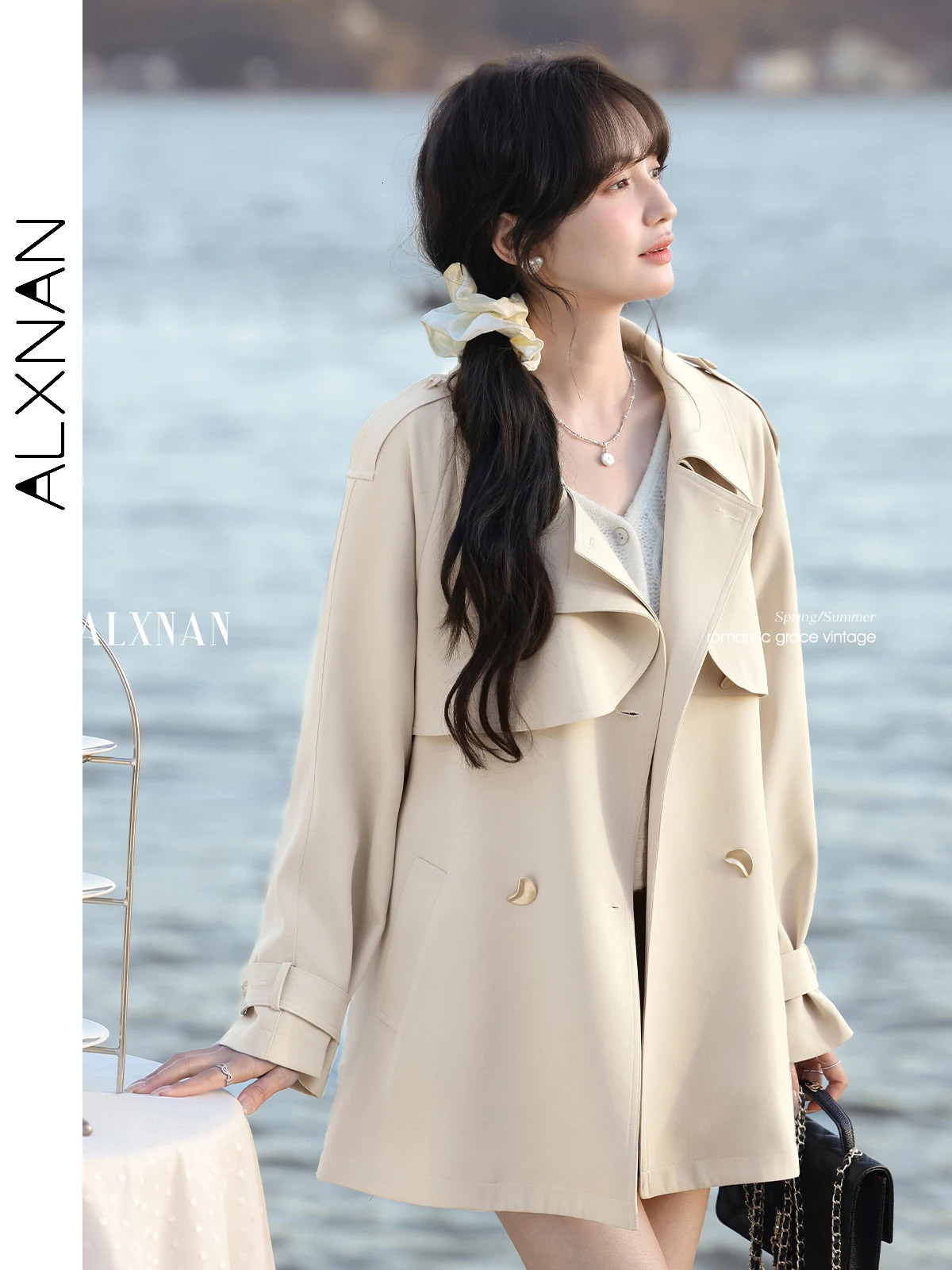 ALXNAN Apricot Womens Trench Coat Spring High-end Windbreaker Polo Collar Solid Versatile Jacket Ladies L52980 250703