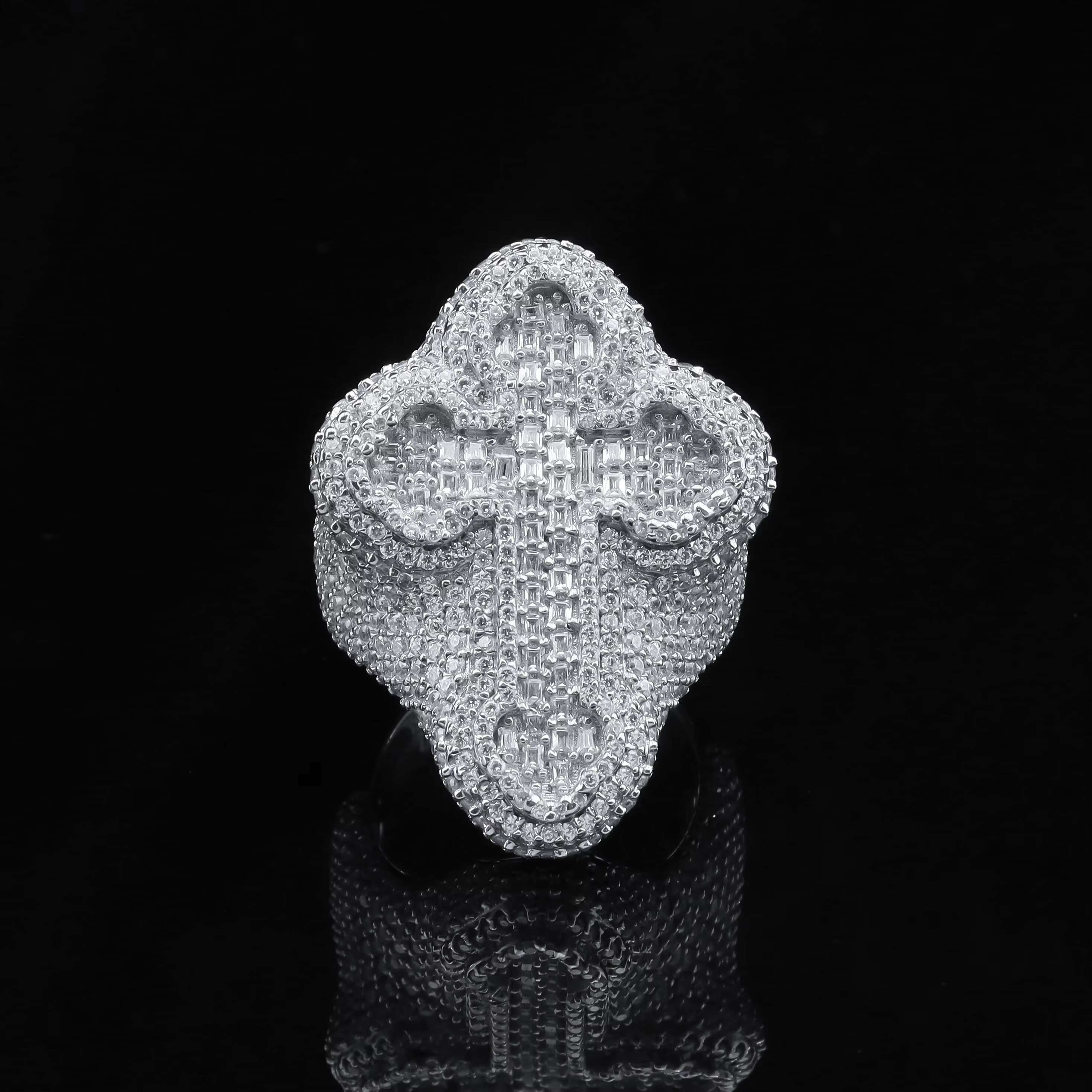 Hip Hop Fashion Style High Quality Vvs D Color Moissanite Baguette Men Diamond Rings S925 Silver Iced Out Cross Hip Hop Ring