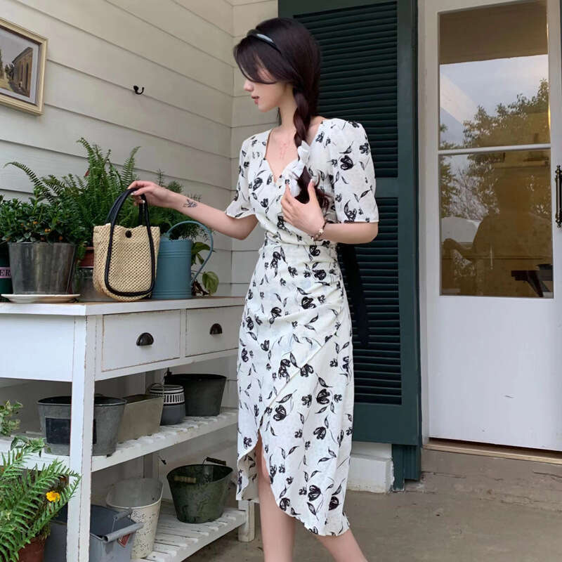 Tea Break French Puff Sleeve Floral For Women Summer New High-End Elegant Waist-Cinching Backless Long Dress B5