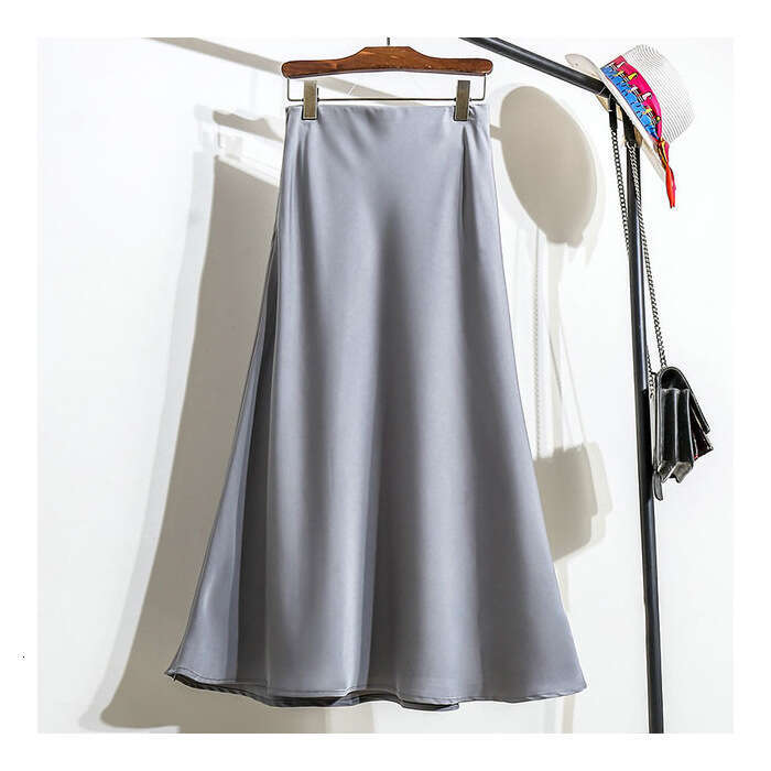 High-End Elegant Champagne Color Imitation Acetate Satin A-Line Spring Autumn Women New Style Half Long Skirt B5 h7