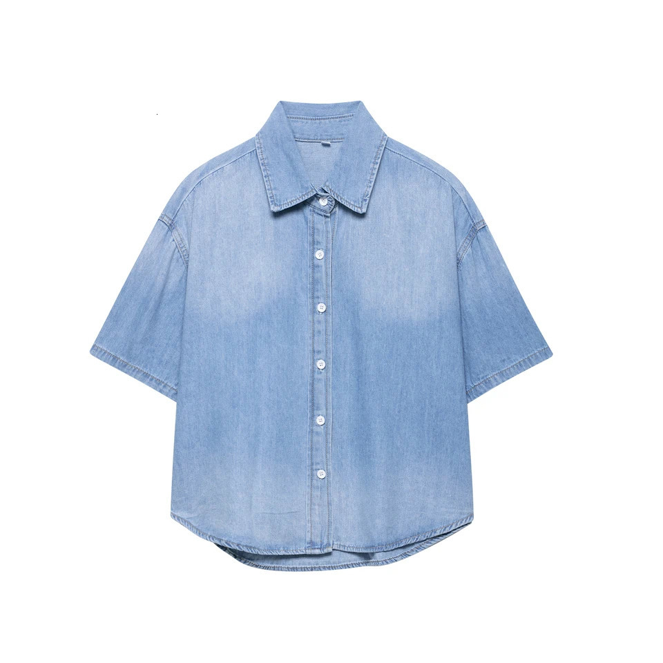 DUOPERI Women 2025 Summer Fashion Denim Blue Blouse Lapel Neck Short Sleeves Female Elegance Chic Lady Casual Shirts 250704