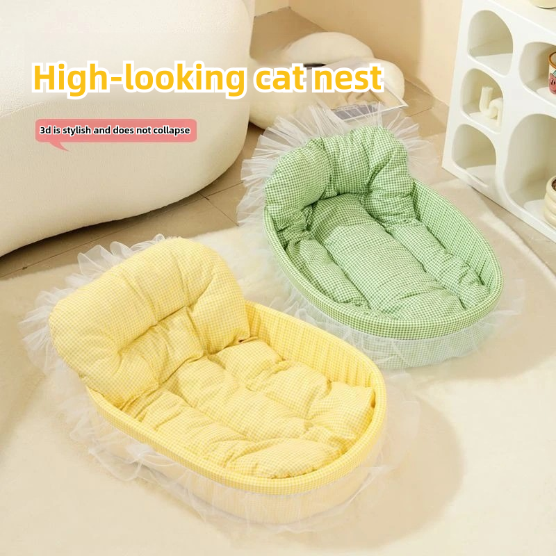 All year round universal pet bed: reversible mats for winter and summer, decorated with cute ruffles