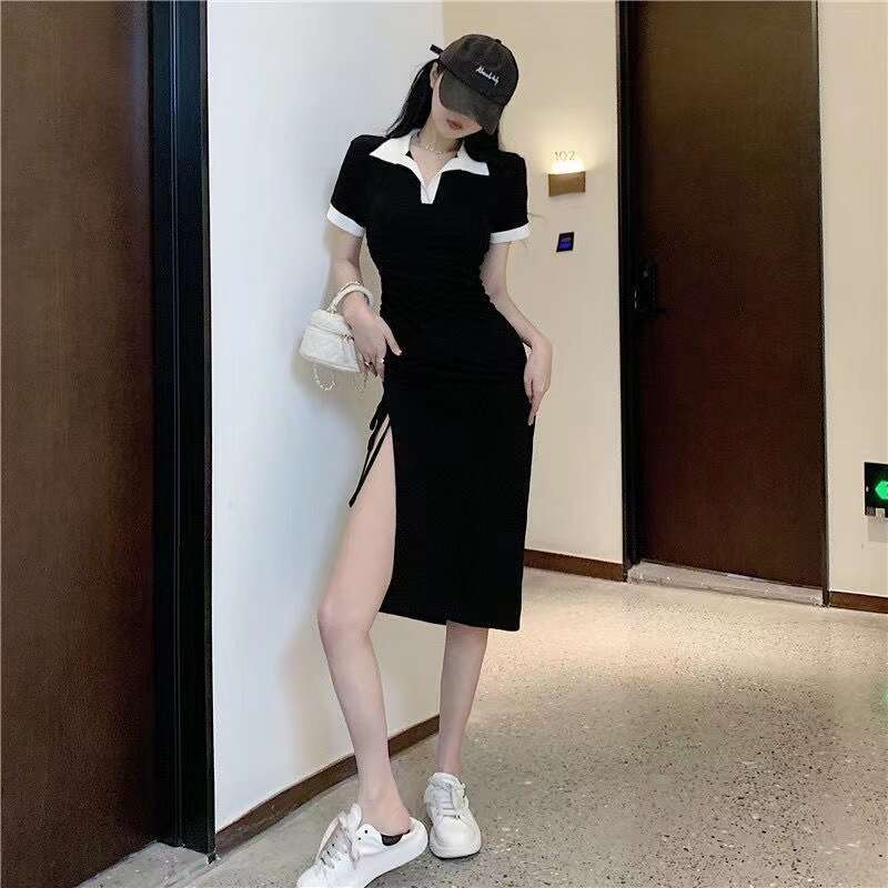 French Style Polo Collar Patchwork Color Block Slit New Slim Fit Drawstring Design One-Step Dress B5