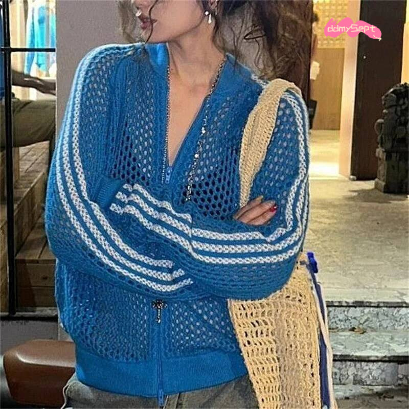 Spring Hollow Out Knitted Coats American Vintage Trend Striped Zipper Sweater Jacket Women Casual Loose Crochet Cardigan 144A ddmysept