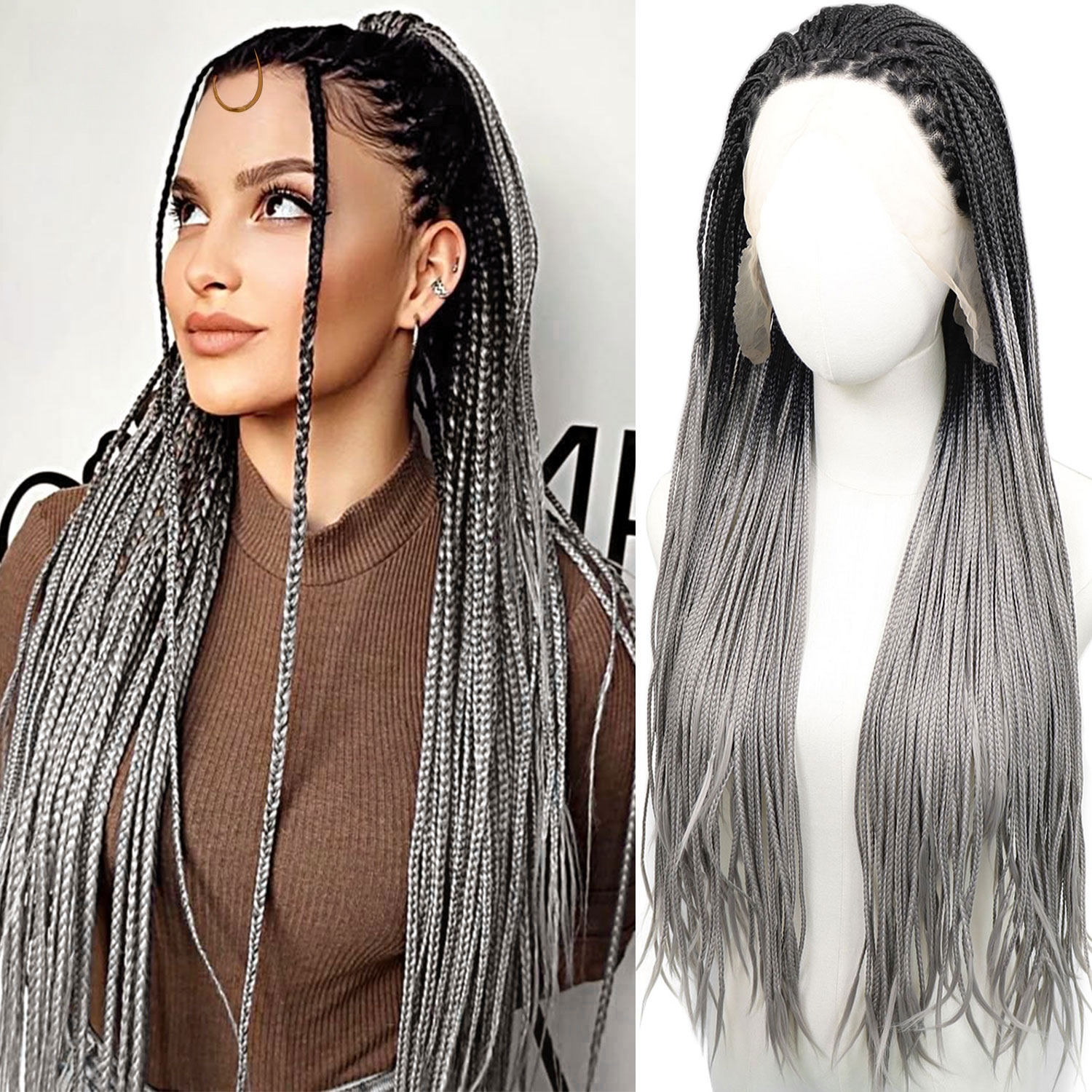 24 Inch Braids Wig Light Brown Simulation Human Hair Boho Box Full Lace Front Wig Heat Resistant Synthetic Braided Wig for Women Long Bohemian Wigs Tw