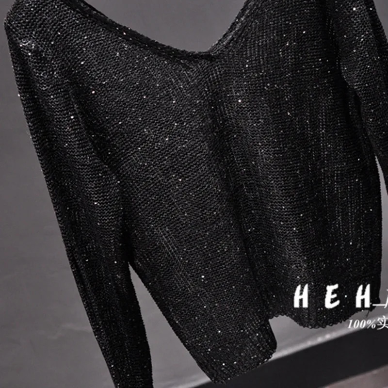 Sequined Double V-Neck Slim Fit Slim Knit Sweater Sparkling Sexy Hollow Bottom Long Sleeve Off-the-Shoulder Top 250708