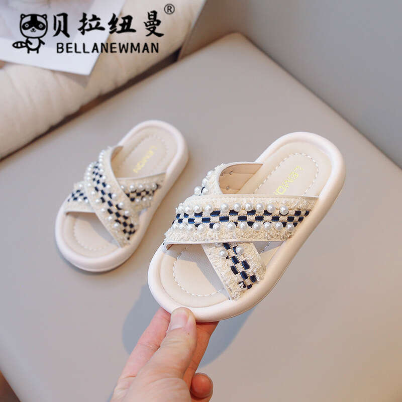 Choice Hot-Selling Children's Fashion 2025 Summer New Girls' Cross Pearl Flat Slippers