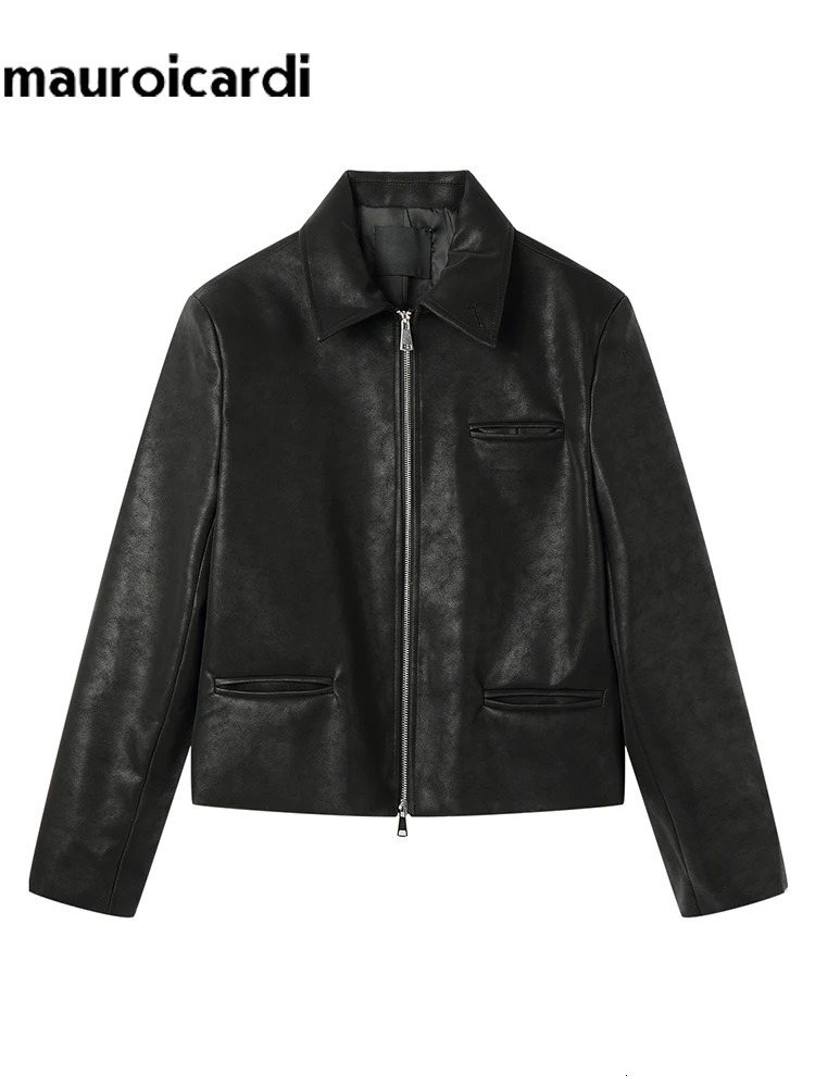 Mauroicardi Spring Autumn Cool Short Brown Soft Black Pu Leather Jacket Men Turn-down Collar Loose Casual Korean Clothes 250708
