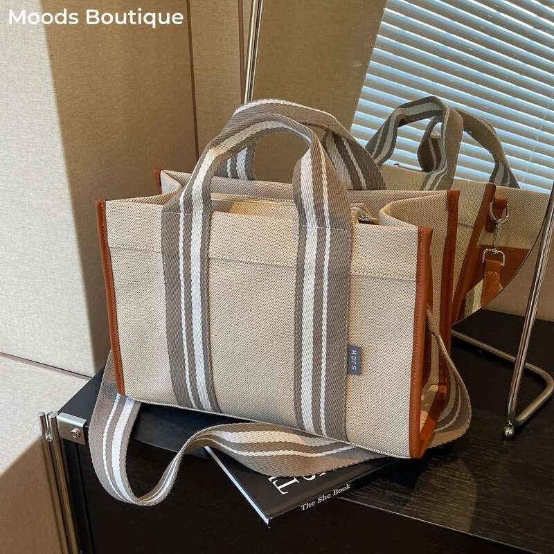 Linen Fabric Handbags For Women Quality Striped Large Capacity Shoulder Crossbody Latest Plain Color Shopping Totes Bag
