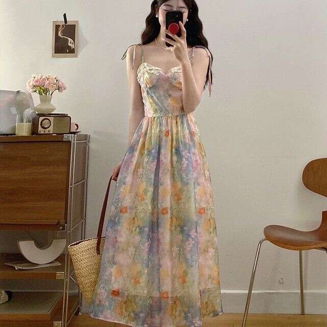 French Gentle Style Waist-Cinching Slimming Strap For Women Spring Summer Unique Distinctive Gradient Floral Long Dress B5