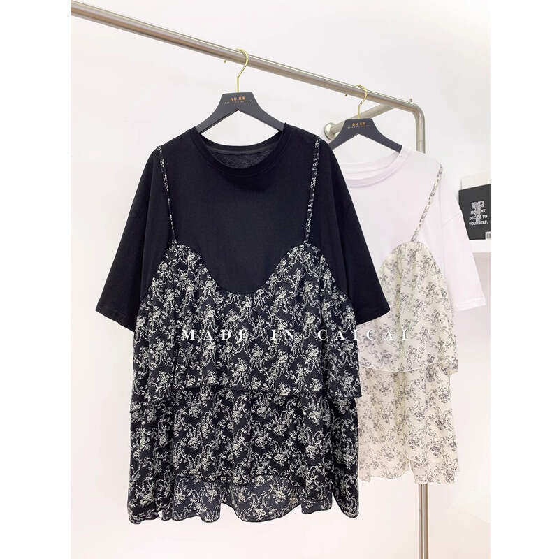 Floral Patchwork Fake Two-Piece Top Plus Size Fashion Short Sleeve Dress Women's Youthful Slimming Korean Style T-Shirt B5