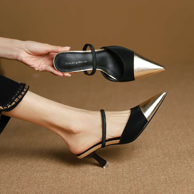 699-70 New Style Small Fragrance Color Block Pointed Toe Half Mules Sandals with Open Back and Closed Toe, Strappy Kitten Heels for Women