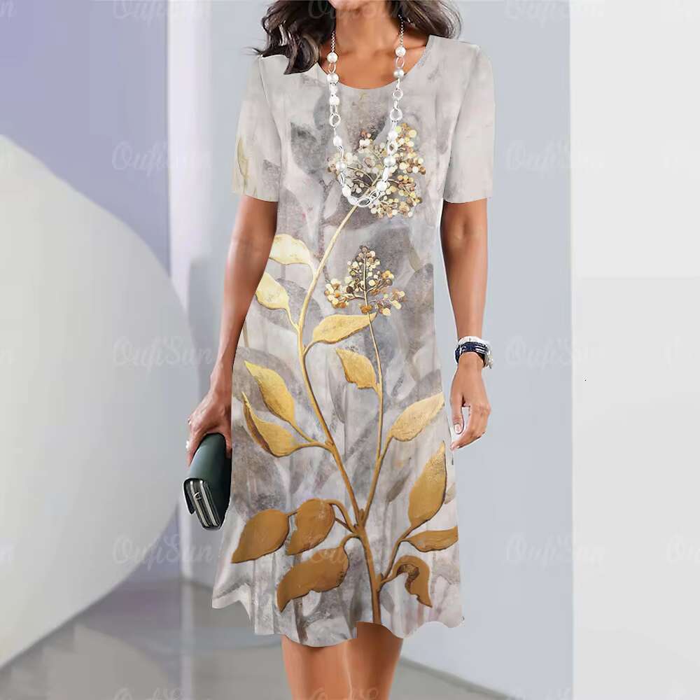 2024 New Leaf Print Elegant Beautiful Midi Dresses Fashion Plus Size Womens Dressess dongdumaoyi