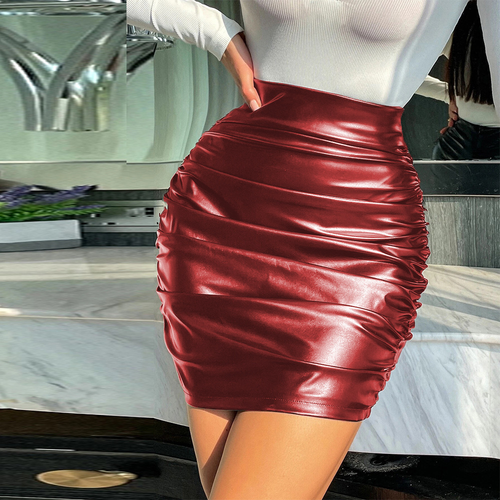 2025 New sexy style women's skirt summer new leather skirt women's pleated skirt with zipper high waist tight skirt new designer dress