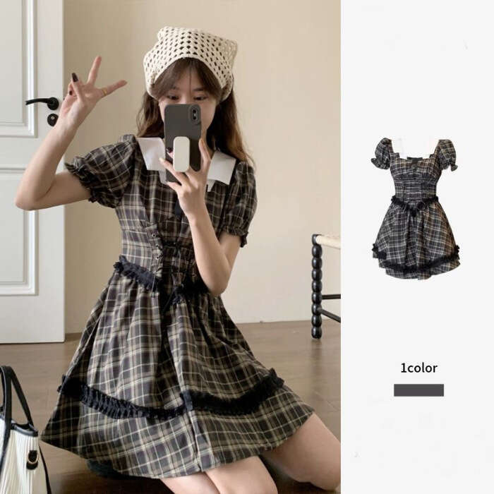 French Black Plaid For Women Summer New Korean College Style Puff Sleeve Waist-Cinching Short Dress B5