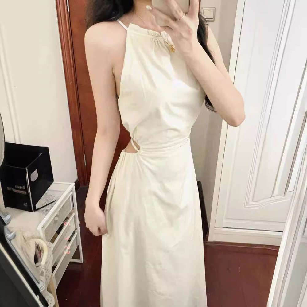 French Style White Off-Shoulder Halter Neck Strap For Women Summer High-End Elegant Beach Vacation Fairy Long Dress B5