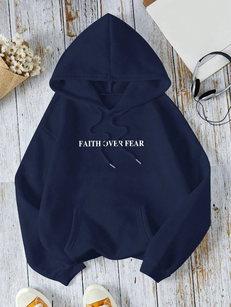 Casual Womens Hoodies Faith Over Fear Letter Printing Sweatshirts Fleece Warm Comfortable Pocket Pullovers Autumn Streetwear 250707